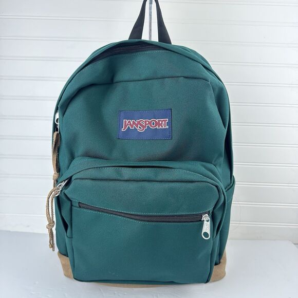 Jansport Right Pack Green Canvas Backpack Brown Suede School Book Laptop Bag - Picture 1 of 12